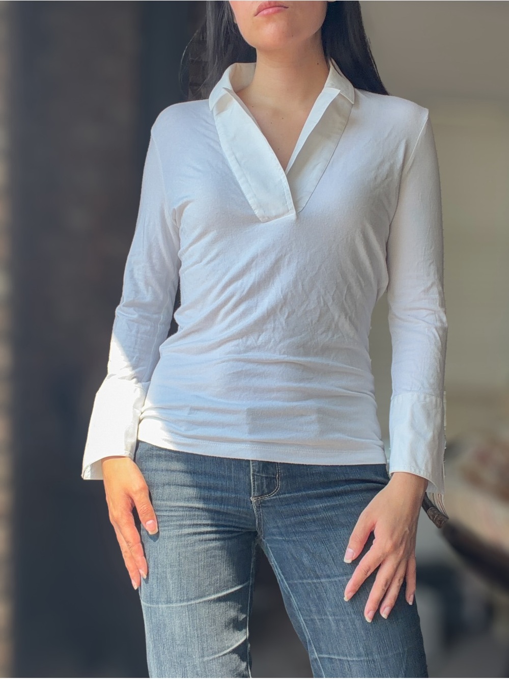 Cotton White Oversized V-Neck Collar Stretchy Long-Sleeve Blouse